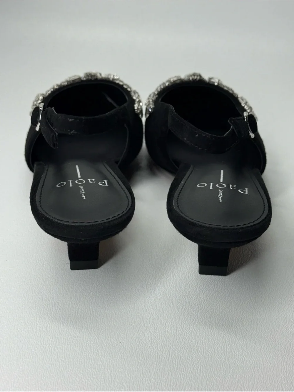 Linea Paolo CRYSTAL Black Suede Embellished Pointed Slingback Kitten Heel NIB